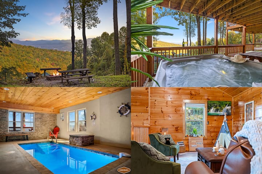 grid of four images. Fire in a pit beside a mountain, a hot tub that is actively blowing bubbles,  a small indoor pool with a chair besides, and the inside of a small cabin.