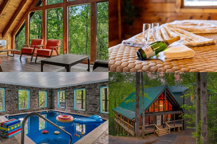 grid of four images. CHaris in front of a window, a bottle of champagne laying on a folded towel with glasses, a pool with toys strewn about, and the final image is the outside of the building, it is a small mountain cabin.