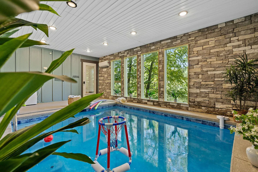 indoor pool with a floating basketball net