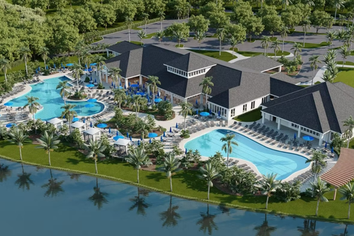 Aerial view rendering of a resort-style clubhouse and swimming pools with palm trees, lounge chairs, and a water feature in the foreground.